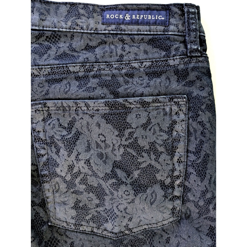 Rock & Republic Womens Black Floral Lace Print Straight Leg Pants Size 14
